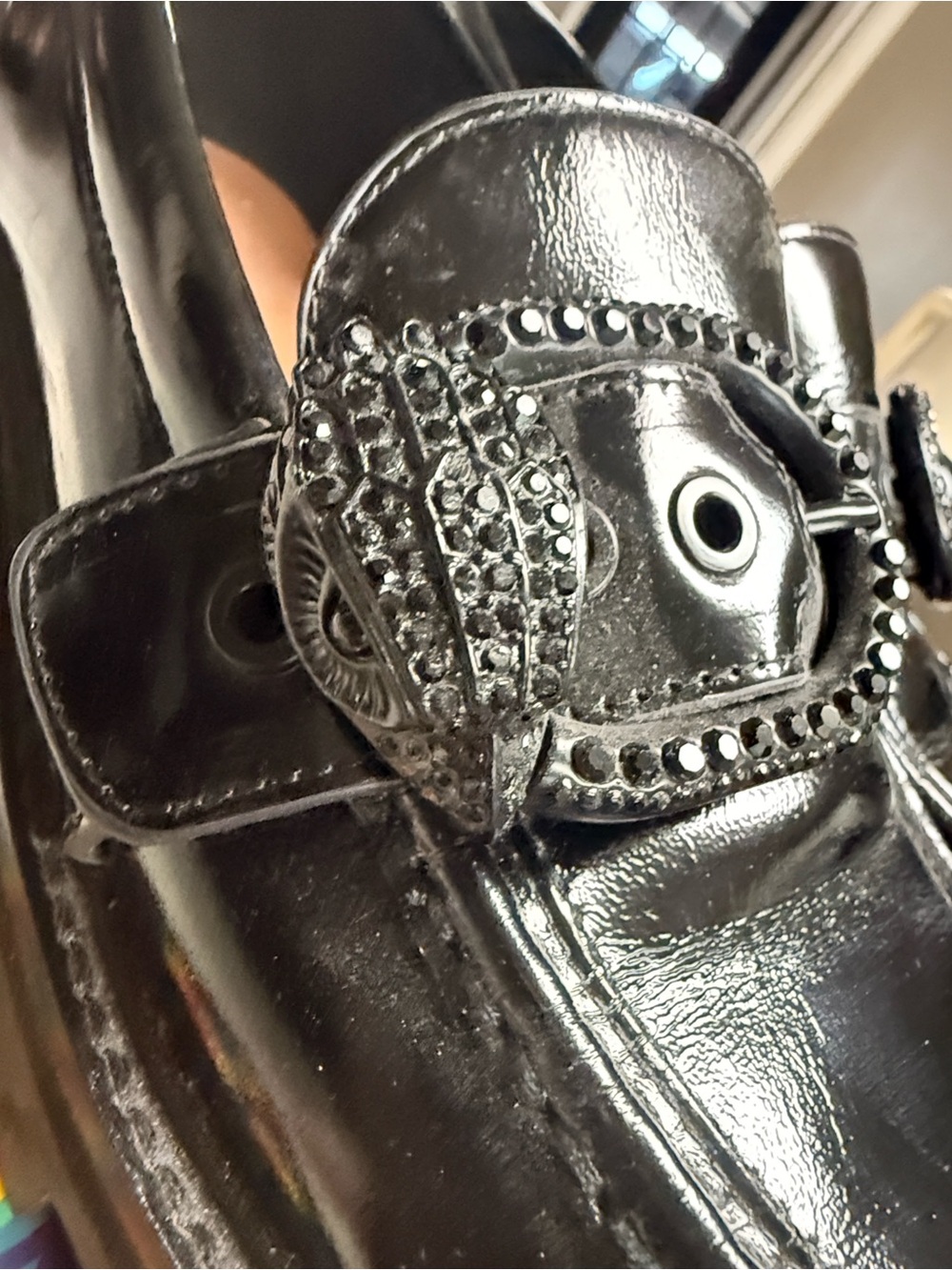 Kurt Geiger Black Patent Leather Loafers with Embellished Buckle